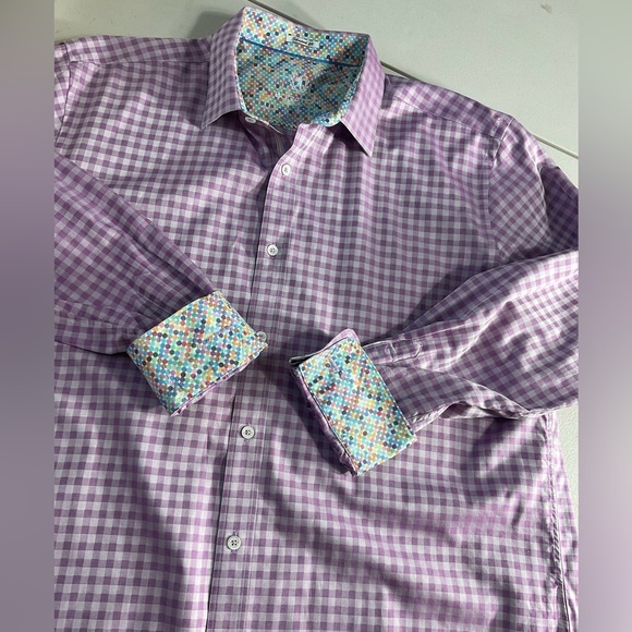 Bugatchi Other - Bugatchi Dress Shirt Men’s Size L Purple Check Flip Turn Contrast Cuff